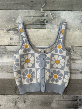 Rue21 Blue & White Daisy Checker Knit Button Tank
